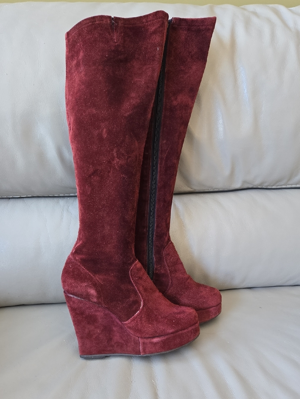 Hannah Wine Suede Knee-High Wedge Boots